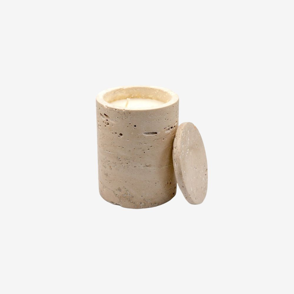 Vela Aromática de Lujo Beige en Travertino Marfil