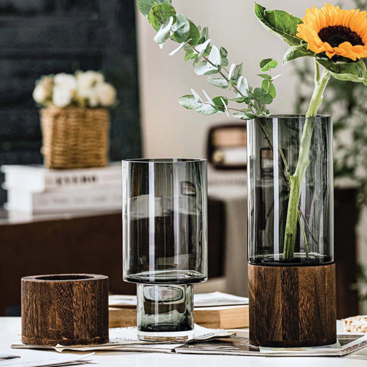 Jarrón Decorativo Moderno de Vidrio y Madera para Flores