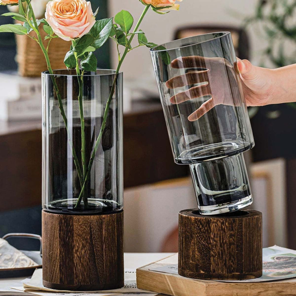 Jarrón Decorativo Moderno de Vidrio y Madera para Flores