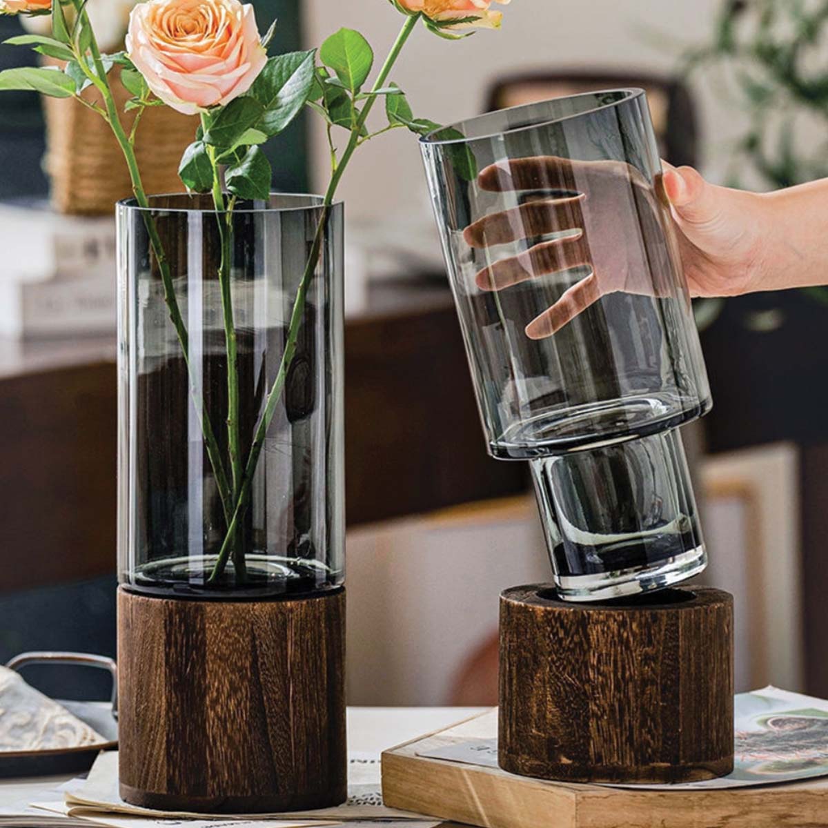 Jarrón Decorativo Moderno de Vidrio y Madera para Flores