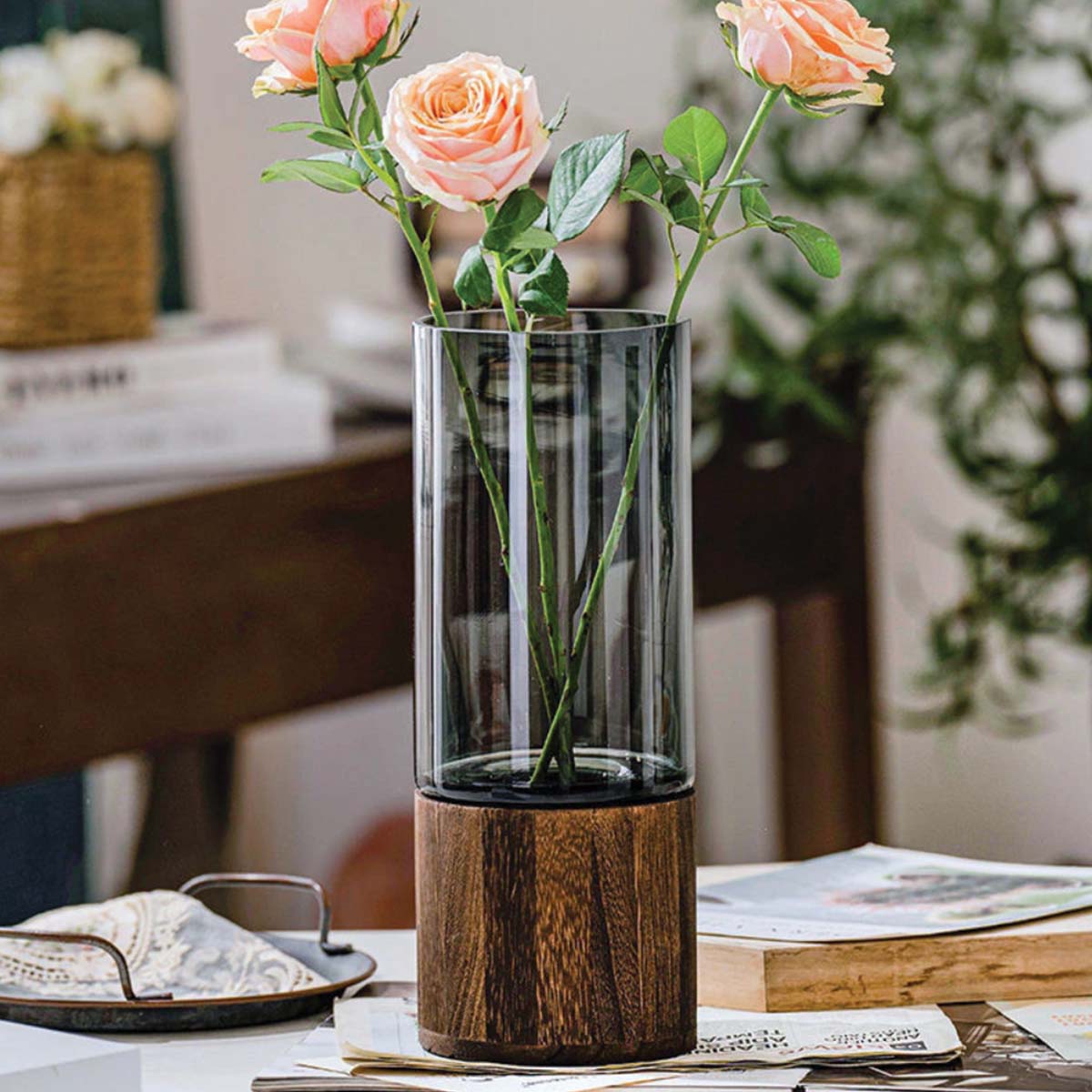 Jarrón Decorativo Moderno de Vidrio y Madera para Flores