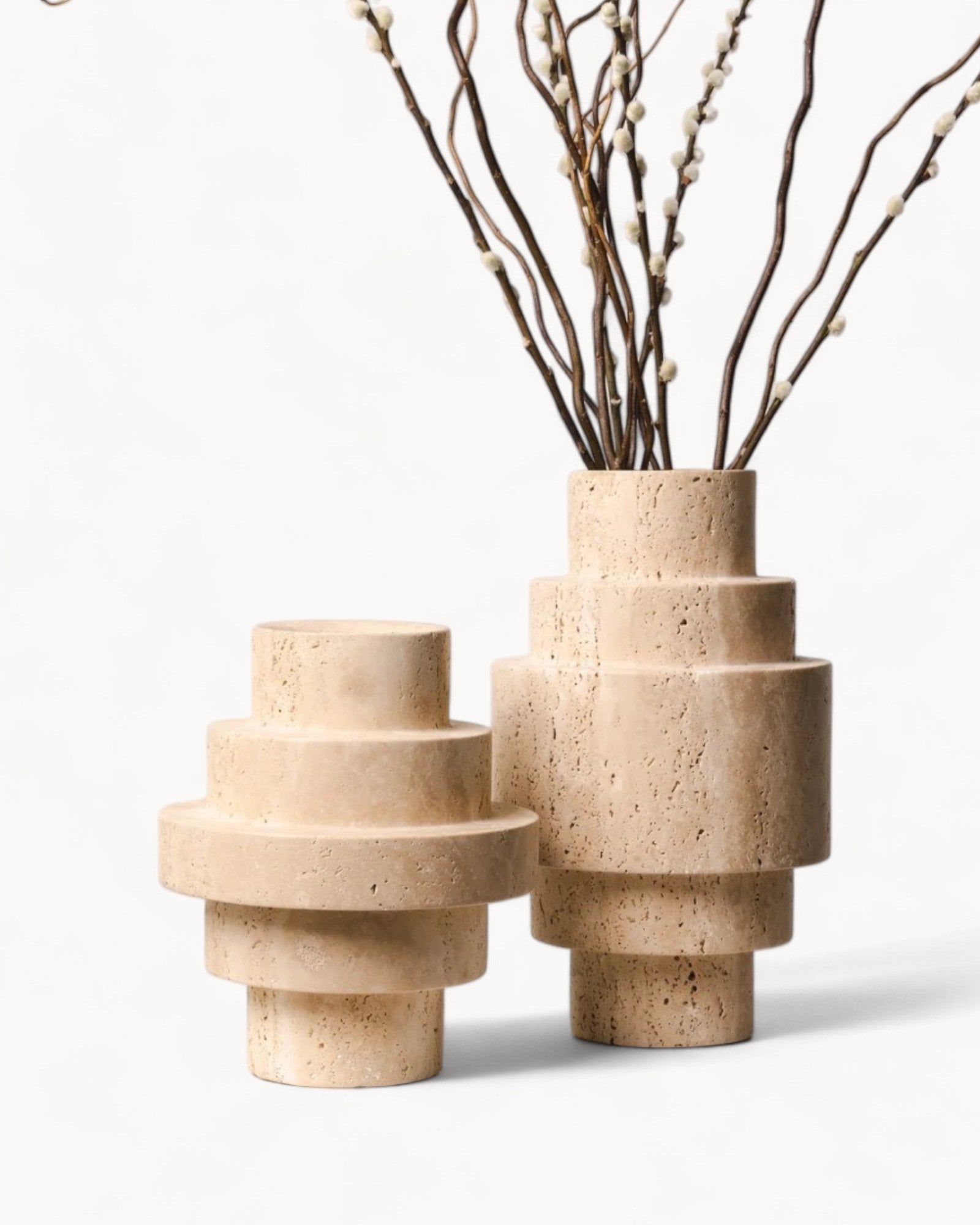 Jarrón de Suelo Beige de Travertino – Diseño Moderno Geométrico-Vase-Nisero Deco