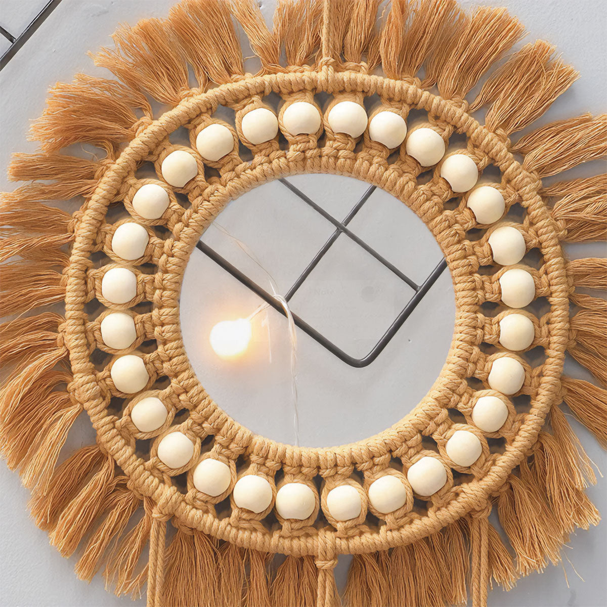 Espejo Boho de Macramé con Perlas – Decoración de Pared