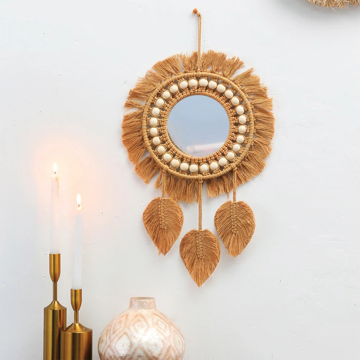 Espejo Boho de Macramé con Perlas – Decoración de Pared