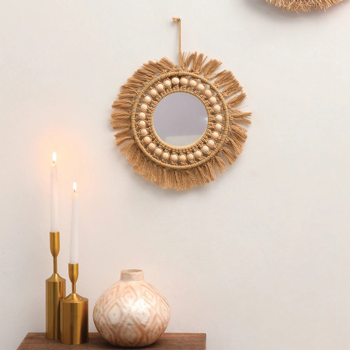 Espejo Boho de Macramé con Perlas – Decoración de Pared